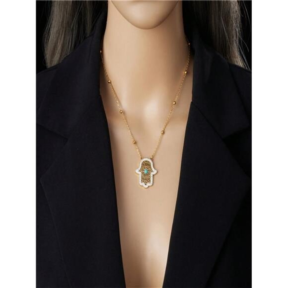 1set Gold-Plated Hamsa Hand Turquoise Pendant Necklace Set - Picture 3 of 5